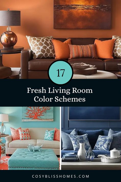 Looking to refresh your living room? Discover these 17 exciting color schemes that will inspire your next decoration project! From warm orange and brown combos to soothing lavender and gray tones, each palette serves to elevate your space and add personality. Whether you lean towards bold monochromatic styles or cheerful pops of color, this list has something for everyone. Each scheme is crafted to help you create a cozy and inviting atmosphere that reflects your unique style in your home! Loving Room Colors, Cozy Living Room Colors Schemes, Living Room Decor Color Schemes, Living Room Warm Colors, Color Schemes For Living Room, Chocolate Living Rooms, Apartment Ideas Living Room, Stylish Living Room Ideas, Country Cottage Living Room