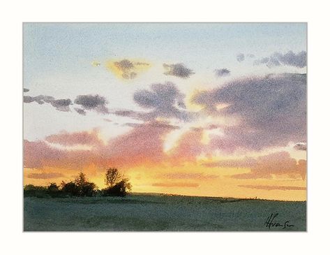 Hill Watercolor, Andy Evansen, Watercolor Clouds, Watercolour Landscape, Watercolor Sky, Landscape Sketch, Watercolor Sunset, Watercolour Inspiration, Watercolor Mountains