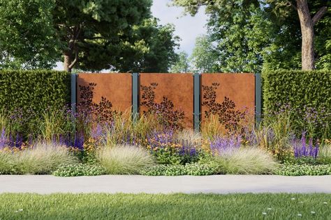 Corten Steel Fence, Steel Fence Panels, Metal Garden Screens, Garden Privacy Screen, Timber Fencing, Garden Privacy, Weathering Steel, Steel Fence, Garden Screening