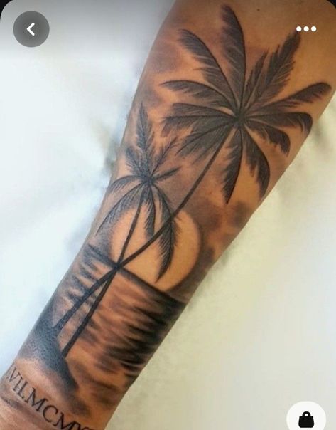 Jamaica Tattoo Ideas Men, Nadja Tattoo, Caribbean Tattoos, Florida Tattoo Ideas, Palm Tree Tattoos For Women, Caribbean Tattoo Ideas, Beach Inspired Tattoos, Beach Tattoo Ideas, Half Sleeve Tattoos Forearm