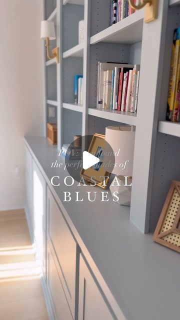 Amy - Classic Coastal Home & Preppy Style 💙🤍 on Instagram: "✨SAVE this post for future reference and I hope you’ll FOLLOW along @PalmettoPorchatHome if you aren’t already.

By far my most asked questions are - what are the blue paint colors in my home.💙

I’ve taken a lot of time to perfect the perfect classic coastal blues for my home and wanted to share in one place:

💙FRONT DOOR: 

Sherwin-Williams Honest Blue (at 75% strength)

💙POWDER ROOM: 

Farrow & Ball Parma Gray

💙BUILT-IN: 

Farrow & Ball Parma Gray (at 75% strength)

💙LAUNDRY ROOM: 

This color is a stock color by the cabinet company @wellborncabinet (Aqua); however I have color-matched them and I believe Benjamin Moore Santorini Blue is a pretty spot on match. 

Do you have a favorite blue paint color?💙💙

You can alway Santorini Blue Sherwin Williams, Moonmist Sherwin Williams, Santorini Living Room, Benjamin Moore Santorini Blue, Sherwin Williams Blue Gray Paint, Classic Southern Home, Parma Gray, Grand Millennial Home, Sherwin Williams Blue