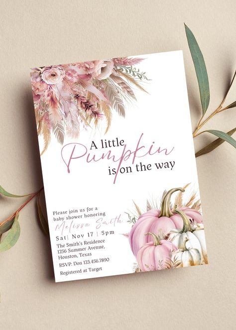 A Little Pumpkin Is On The Way Girl, Little Pumpkin Baby Shower Ideas Girl, Fall Girl Baby Shower Ideas, Pink Pumpkin Baby Shower Ideas, Pink Fall Baby Shower, November Baby Shower, Pink Pumpkin Baby Shower, Fall Baby Shower Themes, Pumpkin Invitation