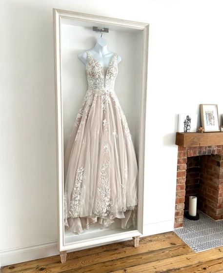 Wedding Dress Frame Box | DIY Wedding Dress Framing Company | Frame My Frock | London United Kingdom Wedding Dress Preservation Frame, Wedding Dress Storage Ideas Display, Wedding Dress Shadow Box, Blush Pink And Black Wedding, Wedding Dress Frame, Wedding Dress Display, Wedding Dress Storage, Dress Preservation, Wedding Gown Preservation