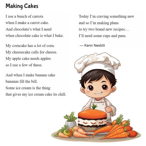 New funny food poem for kids: "Making Cakes" https://poetry4kids.com/poems/making-cakes/ #foodpoems #cakepoems childrenspoems #poetry4kids Poems About Food, Food Poem, List Poem, Poetic Techniques, Poem For Kids, Flag Drawing, Music Camp, Funny Poems, Class Activity