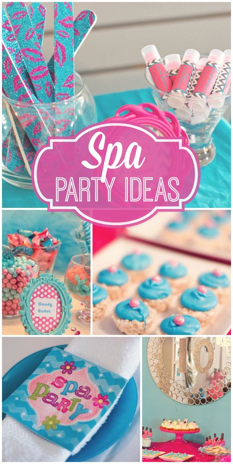 The girls all get together for a pretty blue and pink spa party!  See more party ideas at CatchMyParty.com! Spa Party Ideas, Kids Spa Party, Pyjamas Party, Girl Spa Party, Kids Spa, Spa Birthday Parties, Girl Bday Party, Girl Sleepover, Spa Birthday