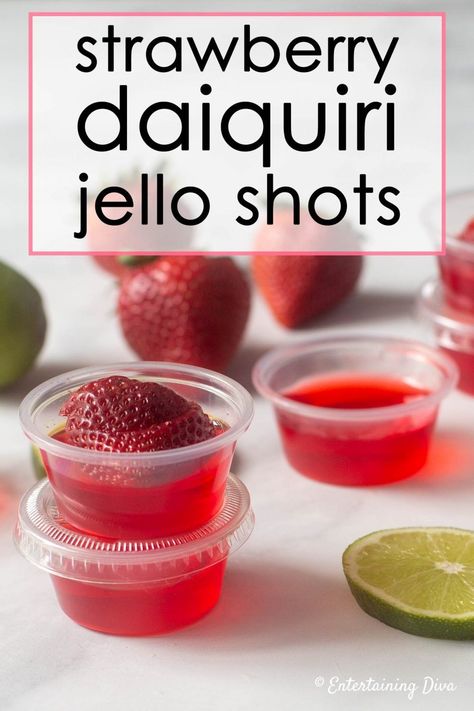 This strawberry daiquiri jello shots recipe made with white rum and strawberry pucker is the perfect boozy addition to an adult summer party. #entertainingdiva #recipes #drinks  #4thofjuly #jelloshots #summer Strawberry Daiquiri Jello Shots, Rum Jello Shots, Strawberry Jello Shots, Margarita Jello Shots, Margarita Jello, Strawberry Daiquiri Mix, Jello Shooters, Best Jello Shots, Jello Shots Recipe