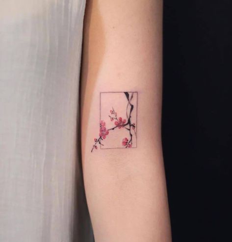 Plum Flower Tattoo, Sakura Blossom Tattoo, Cherry Blossom Tattoo Minimalist, Small Cherry Blossom Tattoo, Plum Tattoo, Sakura Flower Tattoo, Plum Blossom Tattoo, Tattoo Sakura, Sakura Tattoo