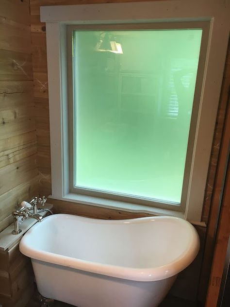 320 Sq. Ft. Custom Vancouver Tiny House 007 Tiny House Clawfoot Tub, Bathroom Tiny House, Tiny Bathtub, Bathroom Tiny, House Bathroom Designs, Tiny Bath, Frosted Window, Space Saving Bathroom, Bathroom Shower Design