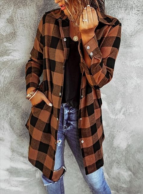 EVALESS Color Block Plaid Shacket Jacket Women Cute V Neck Long Sleeve Button Down Blouses Tops Flannel Shirts Jackets Coats Plaid Shirts, Trendy Street Style, Brown Plaid, Tunic Shirt, Long Sleeves Jacket, Casual Blouse, Long Shirt, Outerwear Coats, Black Plaid