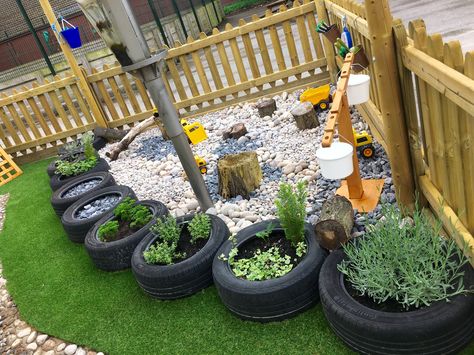 Outdoor Learning EYFS. Tyre planting, pebble digging pit, sensory garden,construction area Garden Ideas Eyfs, School Outdoor Area, Eyfs Outdoor Area, Garden Construction, Tire Garden, Preschool Garden, Outdoor Learning Spaces, Prayer Garden, Outdoor Play Spaces