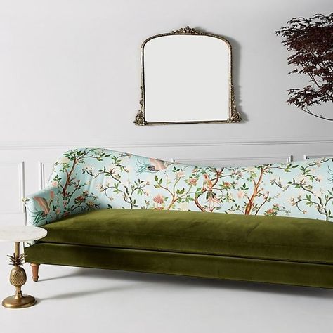 An Anthropologie sofa so chic, you may just faint on it the second it's delivered. The good news is it's so soft, your aging Millennial bones won't even feel a thing. Anthropologie Sofa, Green Couch, Mirror On The Wall, Indoor Outdoor Pillows, Linen Upholstery, Unique Furniture, Home Interior, Sofa Furniture, The Wall