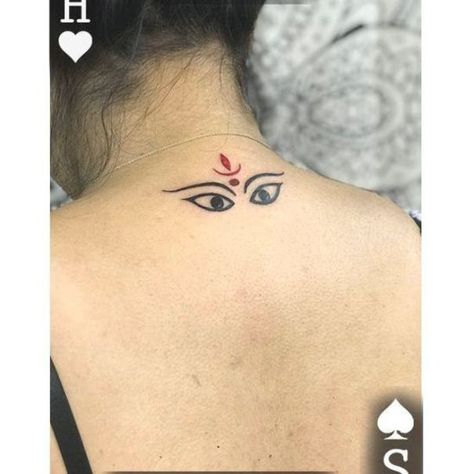 Durga Maa Eyes Tattoo done by Ambica Sudhir | @catwomaneeya | at Hearts and Spades Tattoo and Piercing Studio | Navi Mumbai, India | 2019 #durgamaatattoo #goddesstattoo #backtattoo Durga Maa Eyes, Maa Tattoo Designs, Spades Tattoo, Small Snake Tattoo, Kali Tattoo, Ma Tattoo, Tattoo Design For Hand, Eyes Tattoo, Peacock Feather Tattoo