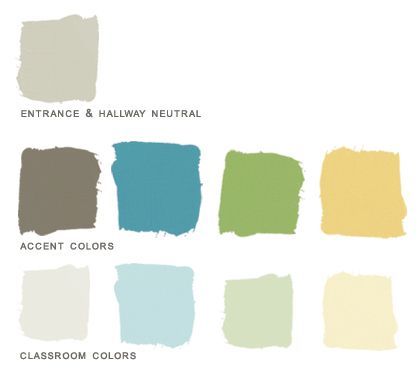 Preschool Paint Color Palette -created for a client who runs a lovely preschool in New York :): Classroom Color Scheme, Sunday School Rooms, Starting A Daycare, Preschool Decor, Preschool Rooms, Preschool Colors, Church Nursery, Toddler School, School Painting