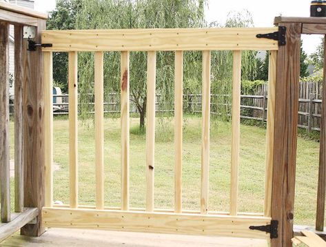 Deck Stair Gate, Build Your Own Deck, Porch Gate, Deck Gate, Deck Cost, Deck Building Plans, Laying Decking, Wooden Gate, Modern Deck