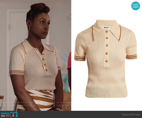 Insecure Outfits, Issa Rae Style, Insecure Issa, Issa Rae Hairstyles, Issa Rae, Movies Outfit, Suede Fashion, Striped Skirt, Polo Top