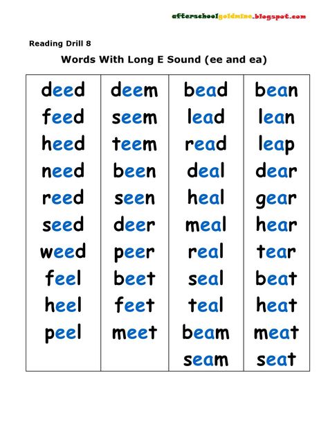 School Hints Two Vowels Go Walking, Long E Sound, Phonics Chart, List Of Words, Phonics Posters, Grammar For Kids, Long E, Phonics Rules, Long Vowel