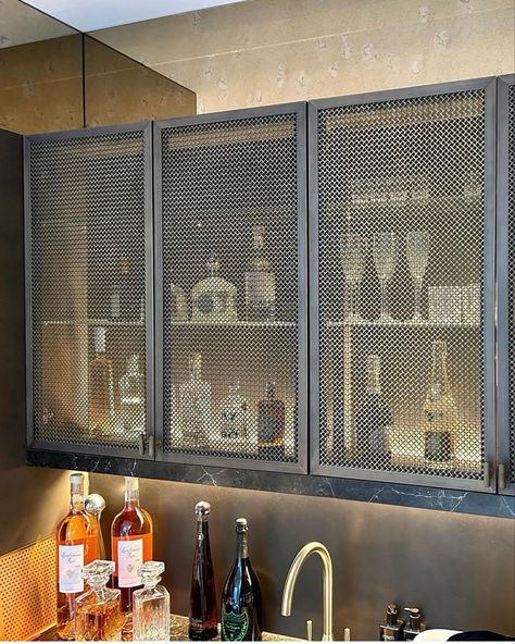 Metal Kitchen Cabinets Modern, Metal Upper Cabinets, Metal Bar Cabinet, Steel Cupboard Design, Wire Mesh Cabinet Doors, Whiskey Cabinet, Cave Kitchen, Metal Kitchen Cabinets, Cabinet Glass Doors