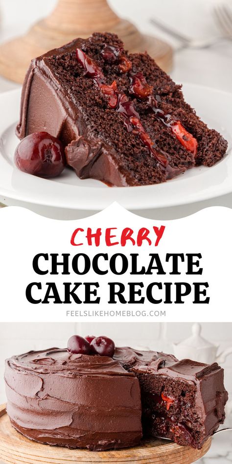 A rich and decadent chocolate cherry cake filled with cherry pie filling, perfect as a layer cake or Black Forest cake for birthdays, with options for easy cherry desserts, quick and easy desserts, and gluten-free, made from scratch with the title “cherry chocolate cake recipe" Chocolate Cake Cherry Pie Filling, Chocolate Cake With Cherry Filling, Chocolate Covered Cherry Cake, Cherry Filling Dessert, Cherry Filling Recipes, Black Forest Cherry Cake, Black Forest Cake Easy, Cherry Chocolate Cake, Cherry Cake Recipe