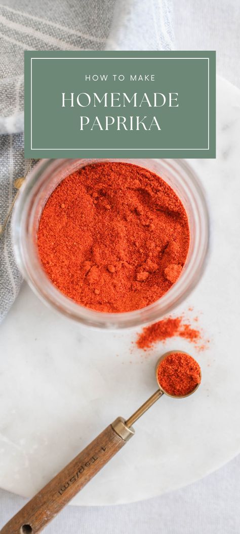 Learn how to make your own homemade paprika powder using red bell peppers. You will be surprised how easy it is to make your own herbs and spices at home to start saving money and being a little more self reliant! Dehydrated Vegetables, Homemade Pantry, Spice Mix Recipes, Dried Peppers, Diy Spices, Red Bell Peppers, Homemade Spice Blends, Homemade Spices, Spice Grinder