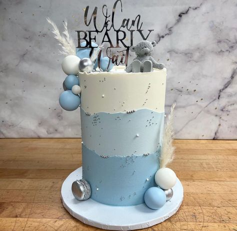 Blue And White Baby Shower Cake, Dusty Blue Baby Shower Cake, Blue Themed Cake, Baby Shower Cake Boy, Baby Blue Cake, Blue Baby Shower Cake, Unique Baby Shower Cakes, Bear Baby Shower Cake