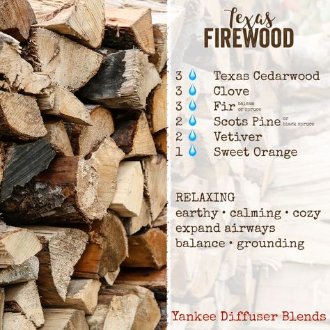 Texas Firewood is great for a cold winter night or a crisp summer evening. This diffuser blend is best using only Texas Cedarwood (Juniperus Mexicana) essential oil which has a bold, smokey scent. Just like a cozy crackling fireplace! A touch of orange brightens the blend. This blend is for diffusers 100 mL or larger. Double the formula for an amazing experience in a nebulizing diffuser. Essential Oils : Texas Cedarwood, Clove, Balsam Fir, Scotts Pine, Vetiver, Sweet Orange. Leather Essential Oil Blend, Campfire Diffuser Blend, Campfire Essential Oil Blend, Cedarwood Diffuser Blends, Essential Oil Blends Cedarwood, Cedarwood Essential Oil Young Living, Woodsy Essential Oil Diffuser Blends, Woodsy Oil Diffuser Blends, Diffuser Essential Oils