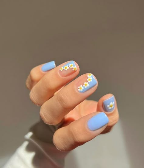 Milky Nails, Short Gel Nails, Daisy Nails, Simple Gel Nails, Cute Gel Nails, Blue Nail, Short Acrylic Nails Designs, Short Nail Designs, Pastel Nails