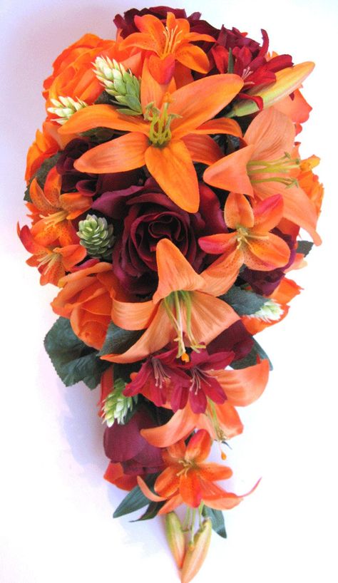 Wedding Bouquets Bridal Bouquet 17 Piece Package Wedding Silk | Etsy Burlap Wedding Centerpieces, Burgundy Wine Wedding, Orange Lilies, Silk Flower Bouquet, Expensive Flowers, Orange Lily, Simple Wedding Flowers, Round Bouquet, Flower Orange