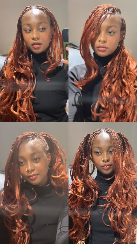 Ginger Braids Color Number, Layered French Curl Braids Ginger, Brown And Ginger Braids, Ginger Box Braids Black Women, French Curls Hairstyles, Wolf Cut Braids, Ginger French Curl Braids, Raindrop Braids, Braids Cute Hairstyles