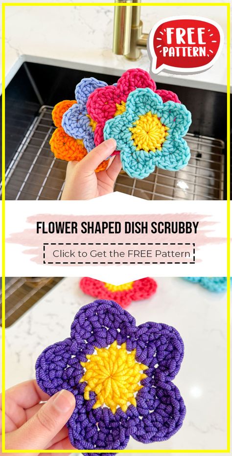 crochet Flower Shaped Dish Scrubby free pattern - FREE Crochet Flower Shaped Dish Scrubby Pattern for Beginners. Click to Get the Pattern #DishScrubby #crochet #crochetpattern
 via @shareapattern.com Free Dish Scrubby Crochet Pattern, Flower Scrubbies Crochet, Diy Kitchen Scrubbies, Free Crochet Pattern For Face Scrubbies, Crochet Flower Scrubby, Crochet Flower Dishcloth Pattern Free, Sugar N Cream Scrub Off Crochet Patterns, Crochet Scrubby Pattern Free, Kitchen Scrubbies Crochet Pattern Free