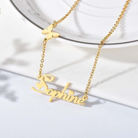 Shopee Nameplate Necklace, Necklace Brands, Gold Choker Necklace, Custom Name Necklace, Gold Choker, Stainless Steel Pendant, Butterfly Necklace, Letter Necklace, Metal Pendant