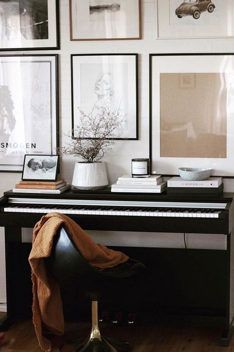 Snapshots From a Cosy Home in Smögen, Sweden | my scandinavian home | Bloglovin’ Style Piano Top, Home Music Corner, Piano Space Ideas, Bedroom Piano Keyboard, Keyboard Room Decor, Keyboard Bedroom Ideas, Black Piano In Living Room, Keyboard Living Room Decor, Keyboard Piano In Living Room