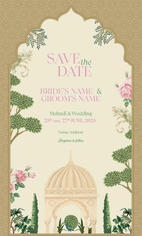 Wedding Card Theme Invitation Ideas, Album Cover Invitation, Mughal Garden Illustration, Wedding Card Template Background, Wedding Elements Illustration, Wedding Invite Background, Mehendi Invite, Mughal Wedding, Wedding Card Illustration