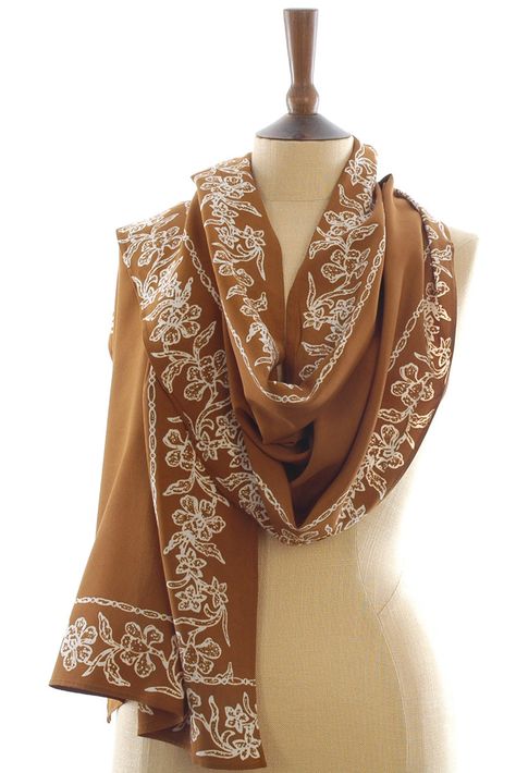 Gold batik scarf with white bali flowers border. Also available with a black border. Our long batik scarves are made using the same hot wax batik methods used to make our large sarongs and are a generous size. 175cmx50cm (70"x 20") enabling you to use in many different ways as shown 100% Quality rayon Made by hand using tradition hot wax batik methods Bali Flowers, Batik Flower, Flowers Border, Batik Scarf, Embroidery Scarf, Block Printed Textiles, Linen Tableware, Linen Tea Towel, Flower Border