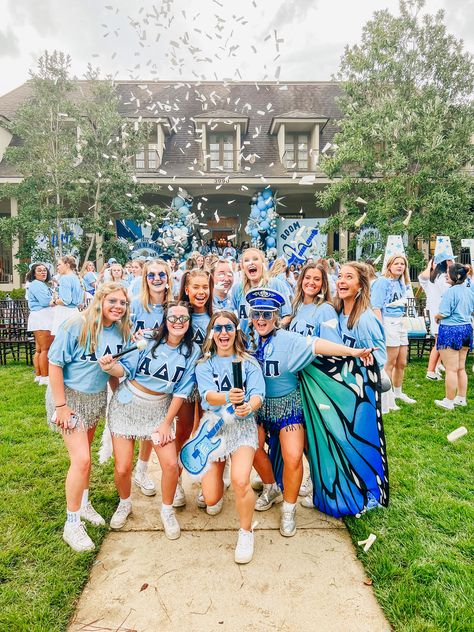 House Of Blues Bid Day, Sorority Ideas, Sorority House, Blue Costumes, Give Me Butterflies, Bid Day Themes, Light Blue Top, Sorority Recruitment, White Day