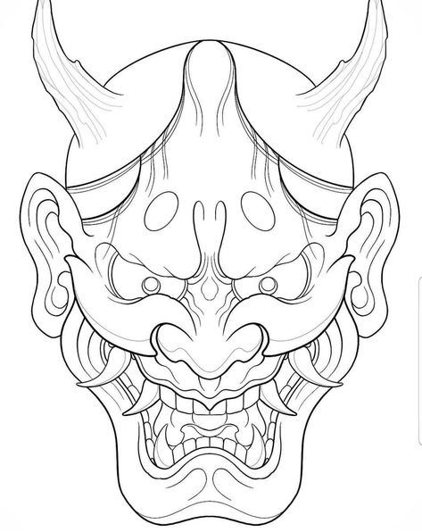 Hannya Mask Tattoo Stencil, How To Draw Oni Mask, Hanya Mask Sketch, Oni Tattoo Stencil, Samurai Mask Tattoo Stencil, Oni Mask Outline, Hanya Mask Drawing, Japanese Mask Drawing, Hannya Mask Drawing