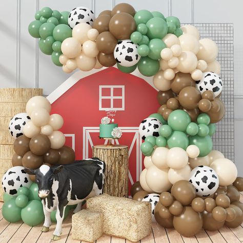 PRICES MAY VARY. 🎈 Western Cow Balloon Garland Arch Kit - You will get 90 Pcs 5 inch / 10 inch / 12 inch latex balloons : sage olive green balloons (5" 12pcs+10" 10pcs+12" 10pcs), dark brown balloons (5" 12pcs+10" 15pcs+12" 5pcs), white sand balloons (5" 12pcs+10" 10pcs+12" 5pcs), 12" 8pcs cow print balloons,16ft balloon stripe tape (1 roll) and 100pc balloon sticky dots (1 roll). 🎈 High Quality Balloons - Our farm g party balloons set made of durable latex material, which will stay inflated f Rodeo Birthday Decor, Balloon Arch Decorations, Farm Animals Theme, Farm Baby Shower, Farm Animals Birthday Party, Farm Themed Birthday Party, Rodeo Birthday, Barnyard Party, Farm Animal Birthday