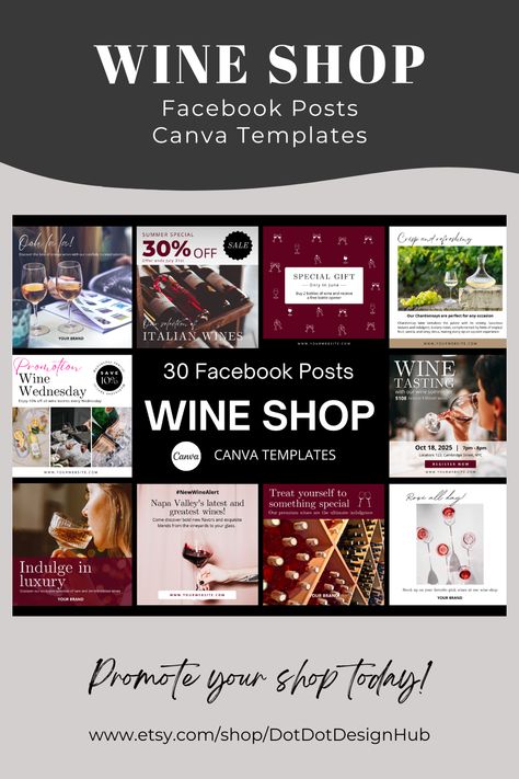 Wine Shop Facebook Post Canva Templates - Looking for eye-catching Wine Shop Facebook post templates with Real Text? Our professionally designed social media templates are perfect for showcasing your finest wines and engaging with your audience on Facebook. Perfect for small-scale wineries and wine retailers, our templates will help you promote your products and drive sales on Facebook page and Facebook Group. Facebook Page Template, Wine Marketing, Business Facebook Page, Facebook Post Template, Wine Shop, Facebook Post, Page Template, Facebook Posts, Social Media Templates