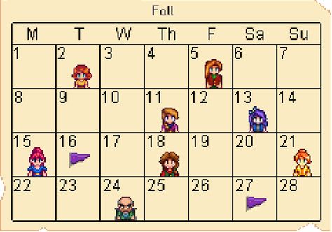 Stardew Valley Calendar, Valley Fair, Season Calendar, Stardew Valley Tips, Valley Game, Secret Forest, River Fishing, Fall Birthday, Stardew Valley