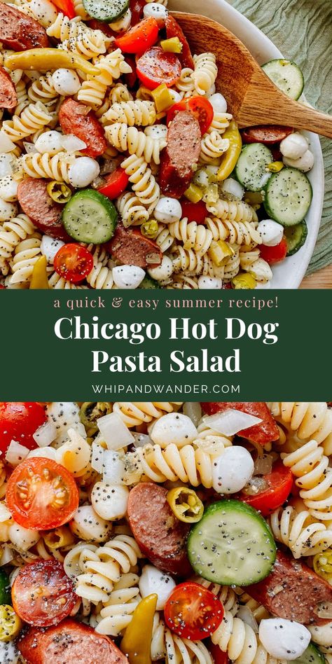 Get ready to savor the flavors of the Windy City with this unique twist on an iconic Chicago dish! This flavorful Chicago Hot Dog Pasta Salad recipe combines the iconic elements of a Chicago-style hot dog with the convenience of a refreshing pasta salad. This quick and easy dish is perfect for summer gatherings because it preps beautifully in advance and can be made in about 35 minutes! Hot Dog Pasta, Fried Hot Dogs, Easy Bbq Recipes, Chicago Style Hot Dog, Chicago Hot Dog, Salads To Go, Pasta Noodle Recipe, Comfort Casseroles, Beef Hot Dogs