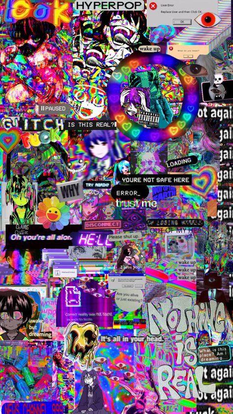 #hyperpop #glitchcore #gameover #dissasociation #surrealism #loud #tvhead #brightcolors Hyperpop Wallpaper, Hyper Pop, Eyestrain Art, $b Wallpaper, Vaporwave Wallpaper, Celestial Art, Mia 3, Rainbow Wallpaper, Edgy Wallpaper