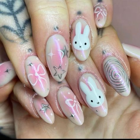 Bunny nails inspo🐰✨ - -dm to place order -follow @nailsecrets.co - Nail kit include - set of 10 nails, nail glue , nail glue tabs, cuticle pusher, filer, alcohol swabs, instructional manual and freebies 💕🍁 - - - - - - - 🏷 #nail #nailart #stickon #stickonnails #customiseablenails #nails #pressonnails #pressons #pressonnailsindia #stickonnailsindia #pressonnailsonsale #supportsmallbusiness #smallbusinessindia #smallbusinessjammu #easypressonnails #pressonjammu Pink Nail Designs Y2k, Gel X Ideas, Miffy Nail Art, Cyberpunk Butterfly, Pink Y2k Nails, Nail Inspo Y2k, Cyberpunk Nails, Y2k Bows, Miffy Nails