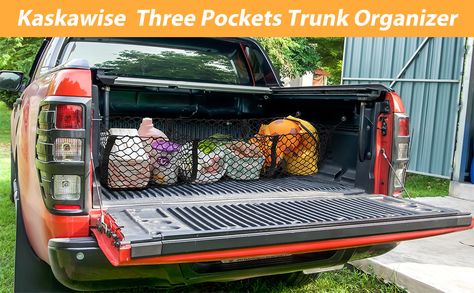 Pickup Cargo net is the most monvenient and practical trunk bed organizer.The truck net features three pockets which helps to organize or store sports gear,ball,groceries,emergency kit,tools,vehicle Storage Accessories etc.The days of groceries rolling around on the drive home are over.3 pocket Cargo Net allows you to easily access all the items you put in your trunk.And keep your storage area organized and clutter free. Bed Organization, Trunk Bed, Truck Bed Organization, Truck Accesories, Bed Organizer, Truck Organization, Bed Organiser, Vehicle Storage, Pickup Trucks Bed