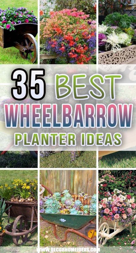 Best Wheelbarrow Planter Ideas. Spruce up your garden with these wheelbarrow planter ideas. They will add accent and visual interest just by planting some beautiful flowers in them. #decorhomeideas Plants In Wheelbarrow Flower, Wheelbarrow Garden Decor, Spring Wheelbarrow Ideas, Decorative Flower Bed Ideas, Flowers Outdoor Ideas, Wheel Barrow Planter Ideas Plants, Wheelbarrow Flower Bed, Upcycle Wheelbarrow Ideas, Wheelbarrow Succulent Planter Ideas