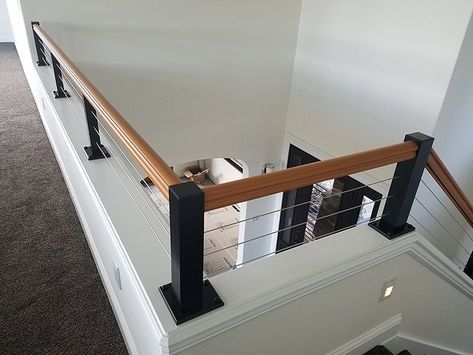 Double Railing Staircase, Pony Wall Railing Ideas, Half Wall Stair Railing Ideas, Half Wall With Railing On Top, Pony Wall Stairs Railings, Loft Railing Ideas Half Walls, Wall Railing Ideas, Half Wall Staircase Railings, Stair Railing Ideas Half Walls