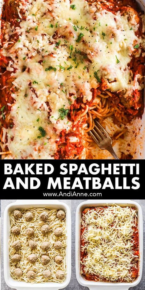 Baked Spaghetti And Meatballs Recipe, Frozen Meatballs And Spaghetti, Baked Spaghetti And Frozen Meatballs, Make Ahead Spaghetti And Meatballs, Oven Baked Spaghetti And Meatballs, Spaghetti Meal Ideas, Spaghetti Meatball Bake, Loaded Baked Spaghetti, Spaghetti And Meatballs Casserole