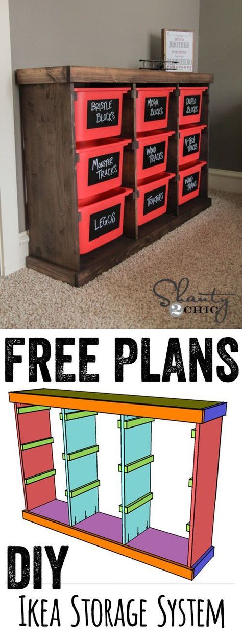 Free Plans DIY Storage Idea… LOVE this for toys or anything! Cheap and easy too! www.shanty-2-chic.com Playroom Organization, Diy Ikea, Ikea Storage, Free Plans, Toy Rooms, Ikea Diy, Toy Organization, Ikea Hacks, Kids Playroom