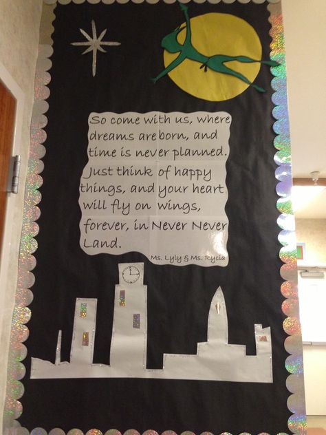 Peter Pan welcome wall Children's Book Week, Disney Themed Classroom, Magic Theme, Classroom Welcome, Disney Classroom, Preschool Rooms, Peter Pan And Tinkerbell, Teachers Corner, Class Theme