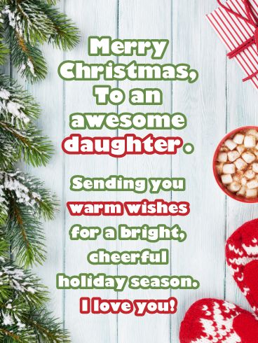 Hints of an evergreen tree, red and white mittens, a striped giftbox, and a hot cup of cocoa packed with plenty of marshmallows? Yeah, it doesn’t get much more Christmas than this beautiful card! When we look at this card the words “warm” and “cozy” come to mind. Send the Merry & Bright Christmas Card to wish your awesome daughter a cheerful holiday season. Merry Christmas Quotes Love, Merry Christmas Daughter, Christmas Card Wishes, Wishes For Daughter, Christmas Tree Wallpaper, Merry Christmas Gif, Merry Christmas Quotes, Birthday Reminder, Merry Bright Christmas