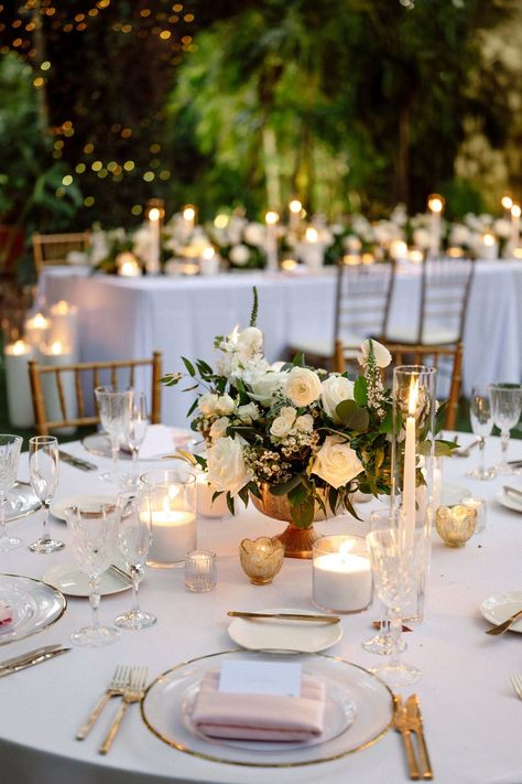 Candles Aesthetic Wedding Table, Candle On Table Decor, Flameless Candles Decorating Ideas Wedding, Wedding Table Settings Candles And Flowers, Classic Romance Wedding Theme, Wedding Cake Table With Candles, Wedding Centerpiece Floating Candles, Candle Decoration Wedding, Wedding Table Scape With Candles