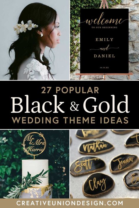 Black White And Gold Wedding Reception Decor, Black And Gold Wedding Color Schemes, Elegant Black And Gold Wedding, Wedding Theme Ideas Black And Gold, Black And Gold Wedding Colors, Wedding Colors With Gold, Wedding Black And Gold Theme, Groomsmen Black And Gold, Black White Gold Wedding Decor